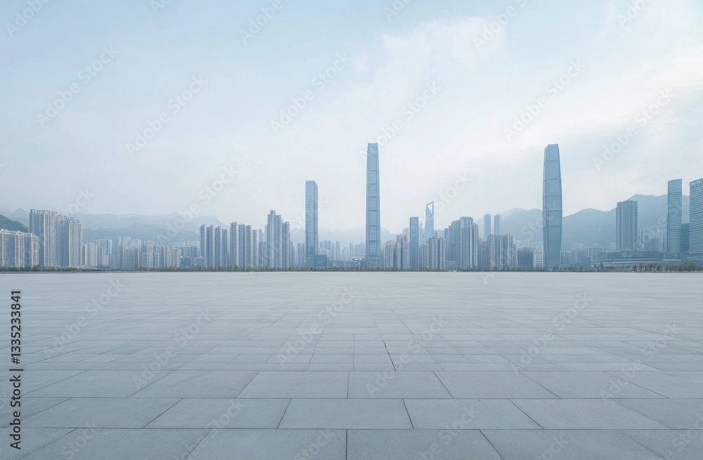 Empty city plaza, Hong Kong skyline view Empty city plaza, Hong Kong skyline view