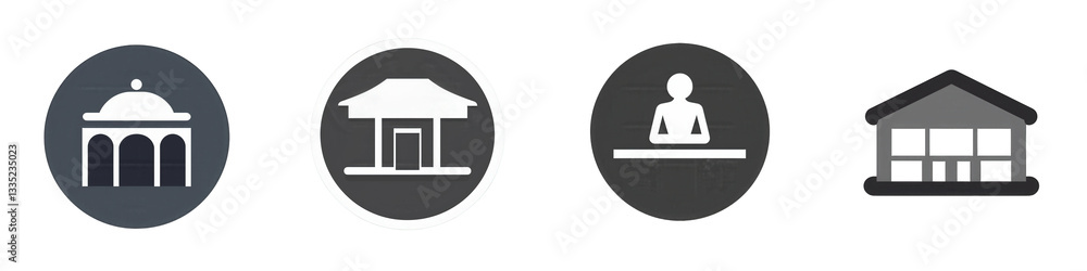 Four building icons pavilion, gazebo, reception, house isolated on white or transparent png Four building icons pavilion, gazebo, reception, house isolated on white or transparent png