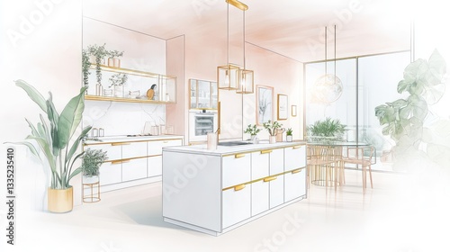 A hand-drawn perspective of a bright kitchen with a central white island, gold-accented modern cabinets, and a glass dining table