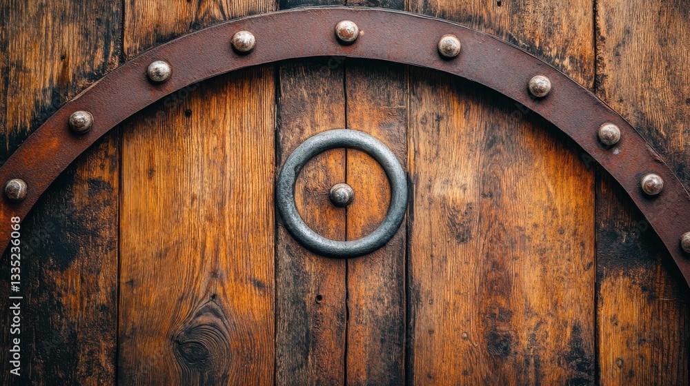 Fototapeta premium Vintage Wooden Door with Iron Ring and Rustic Metal Accents