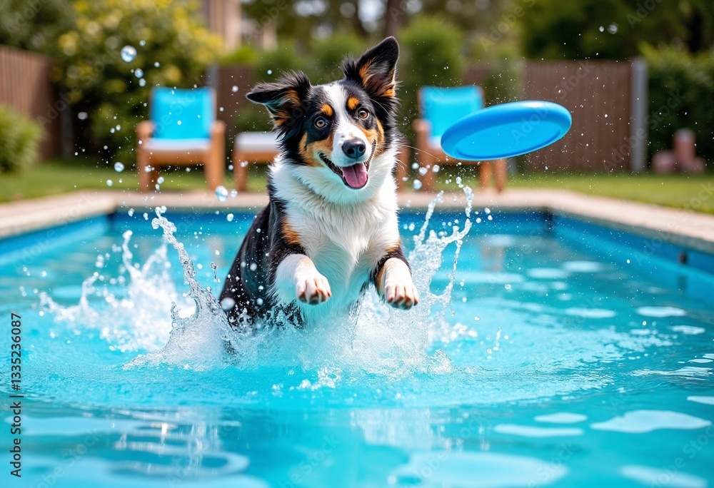 a border collie mid-air, leaping into a pool to catch a frisbee, with water droplets frozen in motion