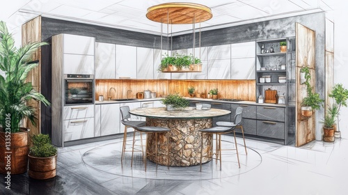 A hand-drawn view of a modern kitchen with a central island in natural stone, white and gray cabinetry, and a round glass dining table