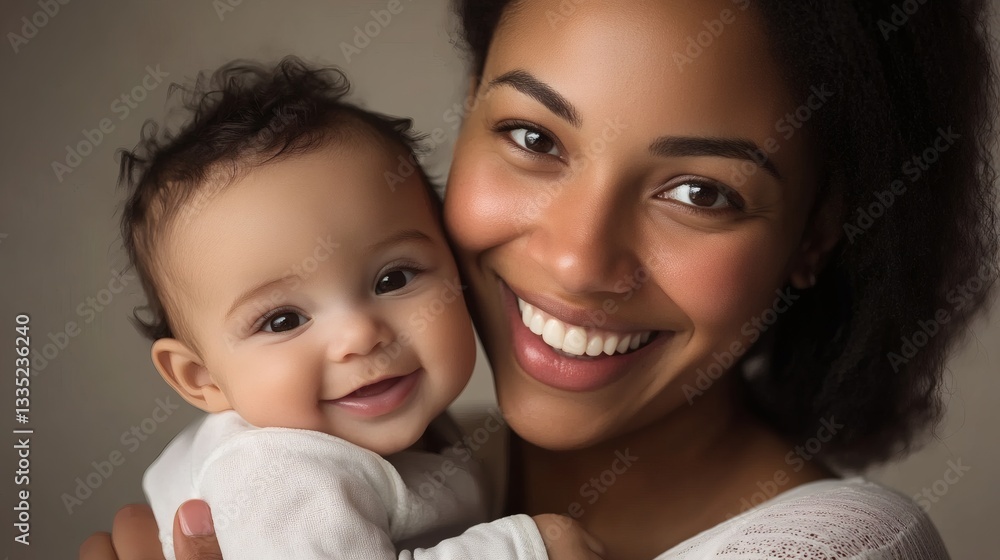 A smiling mother is holding a happy baby closely A smiling mother is holding a happy baby closely