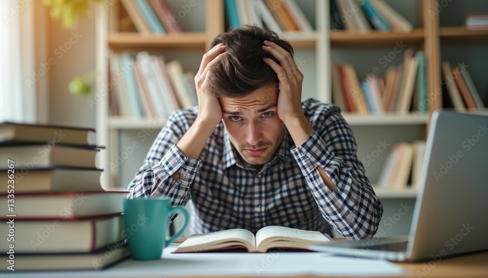 Stressed student studying opens book with hands on head. Pressure of academic exams, tests, deadlines. Overwhelmed by school, college, university homework. Mental health, coping, pressure cooker, Stressed student studying opens book with hands on head. Pressure of academic exams, tests, deadlines. Overwhelmed by school, college, university homework. Mental health, coping, pressure cooker,