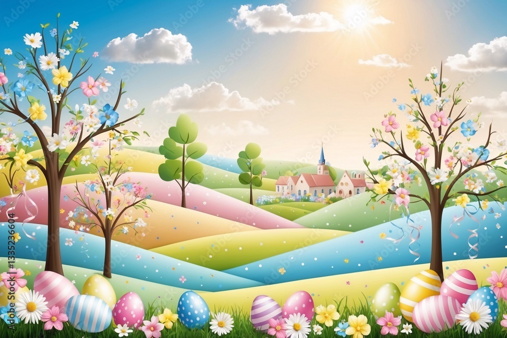 Naklejka premium Easter Landscape Wallpaper, Easter Landscape Background, Easter Background, Easter Wallpaper, Easter Scenery Illustration, Easter Eggs Baskets Bunnies Flowers, Easter Decoration, Easter Banner