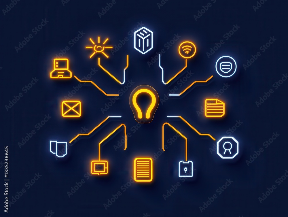 Neon light icons representing various digital communication tools and concepts Neon light icons representing various digital communication tools and concepts
