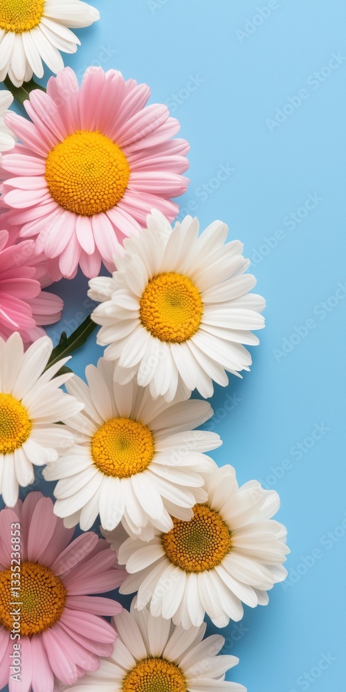 Obraz premium A bouquet of white and pink daisies on a blue background. The flowers are arranged in a way that they are all facing the same direction, creating a sense of harmony and balance