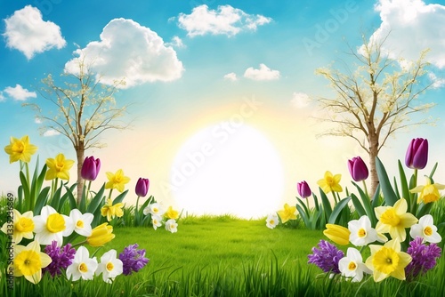 Easter Landscape Wallpaper, Easter Landscape Background, Easter Background, Easter Wallpaper, Easter Scenery Illustration, Easter Eggs Baskets Bunnies Flowers, Easter Decoration, Easter Banner
