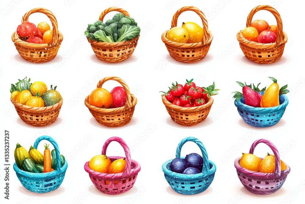 Colorful Fruits & Vegetables in Wicker & Plastic Baskets Colorful Fruits & Vegetables in Wicker & Plastic Baskets
