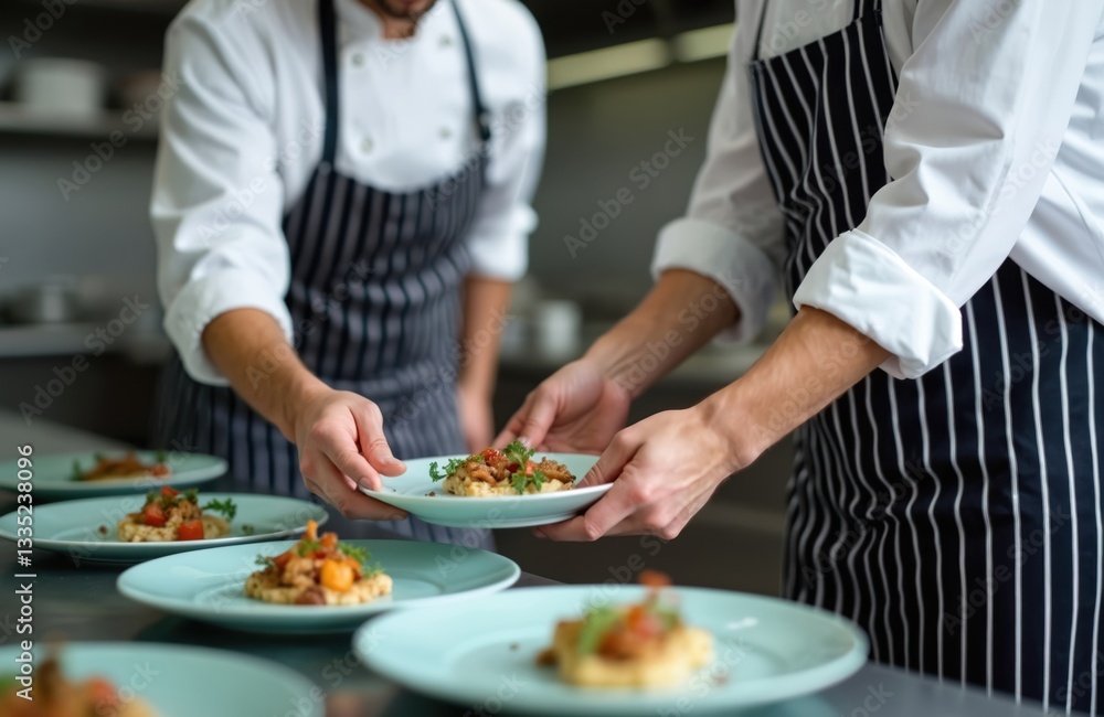 Chef teaches assistant how to arrange meal on plate. Young cook learning to put dish on plate in right way. Training in commercial kitchen. Pro cooking, haute cuisine. Chef teaches assistant how to arrange meal on plate. Young cook learning to put dish on plate in right way. Training in commercial kitchen. Pro cooking, haute cuisine.