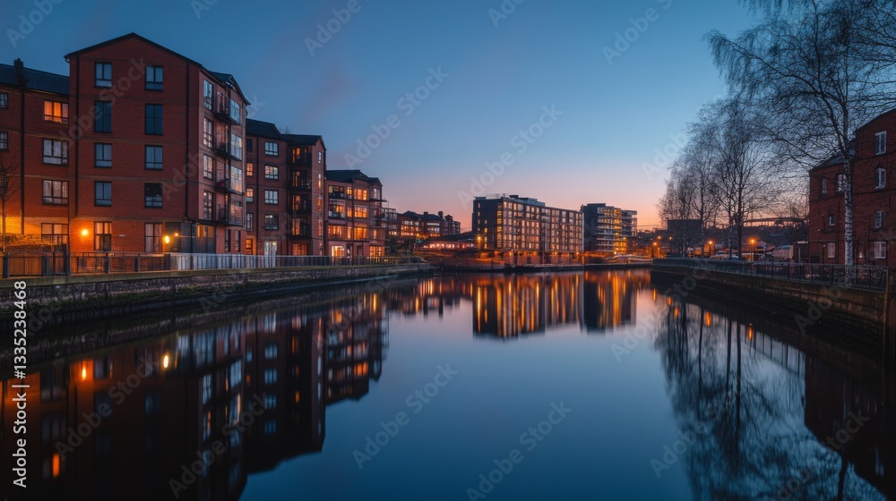 Fototapeta premium Stunning evening view of a charming riverside city. The serene water reflects beautiful buildings and warm lights. A peaceful scene that captures urban beauty. Generative AI