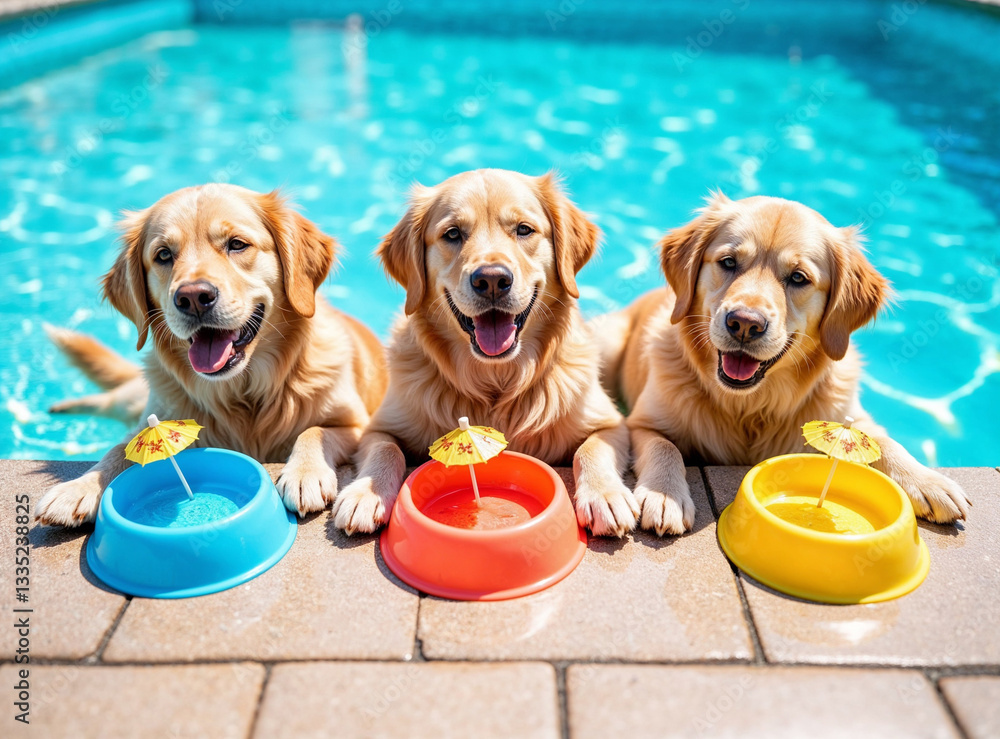 Three goldens relaxing at the pool dog bar - three dog bowl with water and cocktail umbrellas are on the pool deck