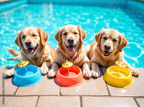 Obraz na płótnie Three goldens relaxing at the pool dog bar - three dog bowl with water and cocktail umbrellas are on the pool deck w salonie