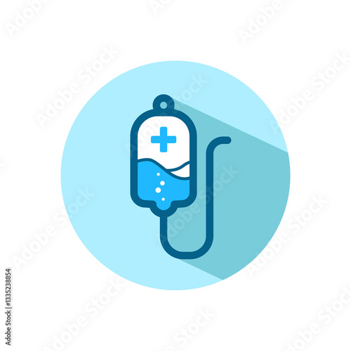 Medical IV drip bag color icon on light blue background. Infusion icon