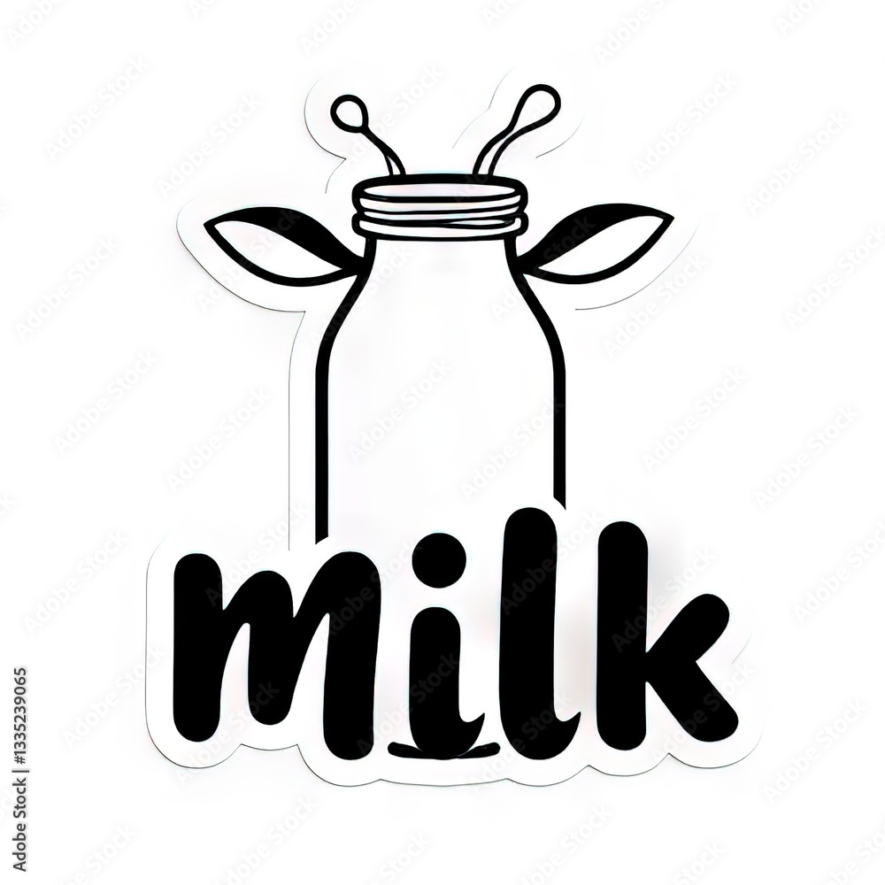 Obraz premium Illustration of a milk bottle with playful design elements and text featuring the word milk