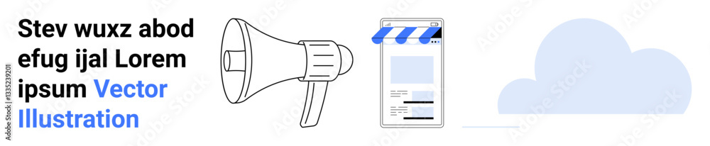 Megaphone, online storefront window, and cloud icon represent promotion, e-commerce, and internet connectivity. Ideal for marketing, e-commerce, advertising, communication cloud technology business Megaphone, online storefront window, and cloud icon represent promotion, e-commerce, and internet connectivity. Ideal for marketing, e-commerce, advertising, communication cloud technology business