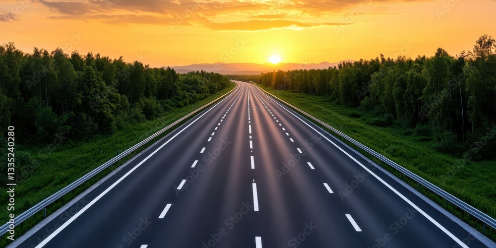 Fototapeta premium Sunrise over modern highway interchange complex aerial view transport concept serene landscape