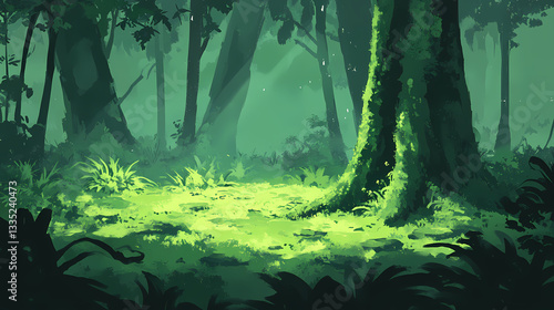 Lush green seta moss densely covers ancient tree trunks and forest floor, casting dappled shadows in misty, serene, and mystical temperate rainforest environments. Ancient Spores. Illustration