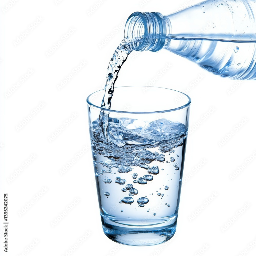 Pouring Refreshing Water: Hydration with Bubbles and a Clear Glass on White Background Pouring Refreshing Water: Hydration with Bubbles and a Clear Glass on White Background