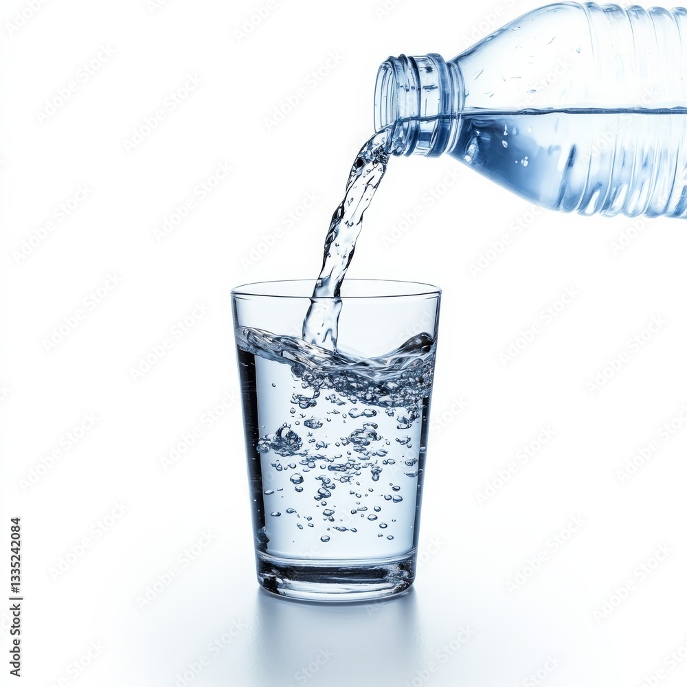 Pouring Refreshment: Water Flowing from Plastic Bottle into a Glass of Sparkling, Clear Liquid Pouring Refreshment: Water Flowing from Plastic Bottle into a Glass of Sparkling, Clear Liquid