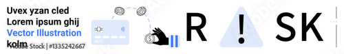 Money transaction symbols, hand, warning triangle, and text communicate financial risk and security. Ideal for cybersecurity, fraud prevention, finance, compliance strategy, caution messaging risk