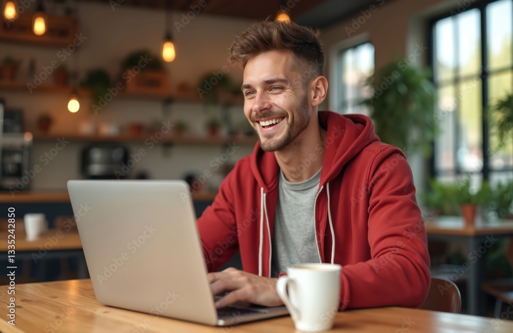 Cheerful caucasian man working on laptop at desk. Guy in red hoodie types on keyboard, drinks coffee. Freelancer works remotely from home. Positive emotions, happy face expression. Cheerful caucasian man working on laptop at desk. Guy in red hoodie types on keyboard, drinks coffee. Freelancer works remotely from home. Positive emotions, happy face expression.