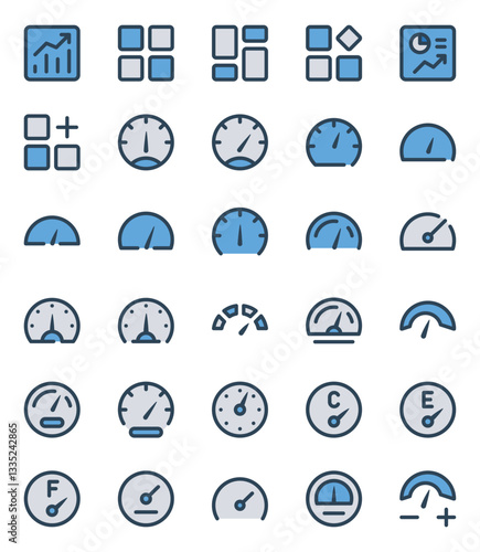Filled blue outline icons set for Dashboard, Speedometer