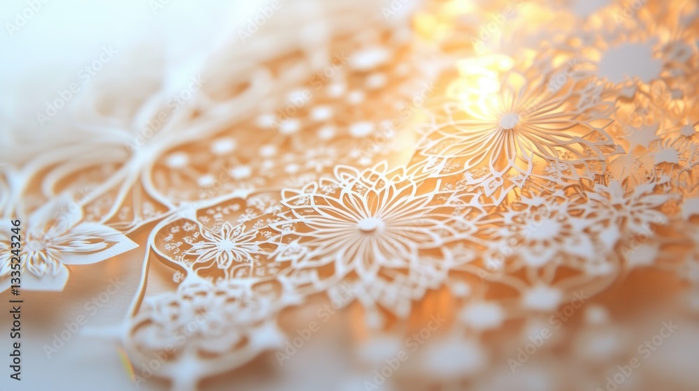 Obraz premium Intricate Laser-Cut Paper Artwork Showing Delicate Floral Patterns with Elegant Lighting Effects in Soft Focus