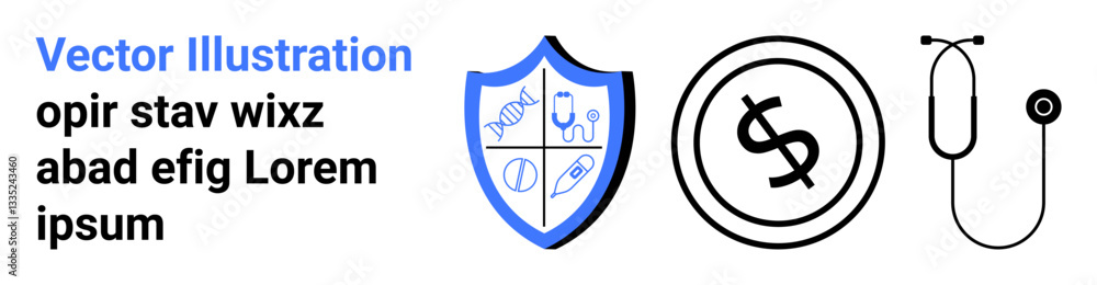 Shield with medical icons, circular dollar sign, and stethoscope. Ideal for healthcare, insurance, finances, medical ethics, wellness, cost management abstract line flat metaphor Shield with medical icons, circular dollar sign, and stethoscope. Ideal for healthcare, insurance, finances, medical ethics, wellness, cost management abstract line flat metaphor