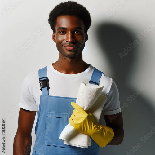  on right side of image portrait black smiling man looking at camera, man cleaning service worker in yellow gloves, holds white cleaning cloth, light blue uniform and blue overalls, white  background,
