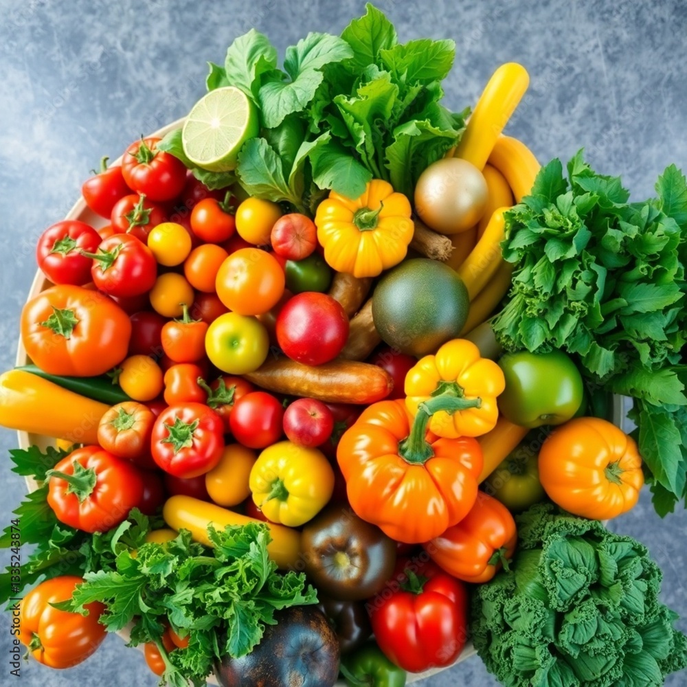 A vibrant still life of fresh vegetables and fruits arranged on a rustic wooden table, showcasing rich colors, textures, and natural beauty.
A vibrant still life of fresh vegetables and fruits arranged on a rustic wooden table, showcasing rich colors, textures, and natural beauty.