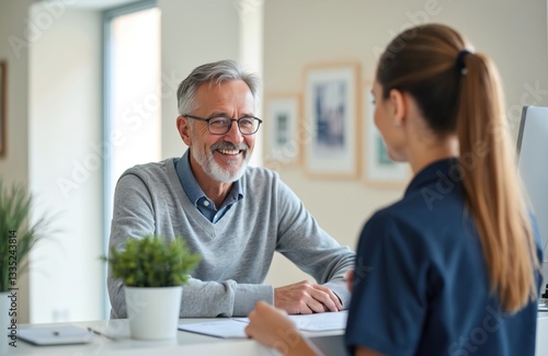Mature bearded man consults with doctor in clinic. Patient talks with medical staff at reception desk in hospital. Healthcare concept, doctor giving advice, patient consulting with physician.
