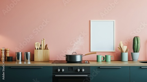 A minimalist kitchen with soft coral pink walls and dark teal cabinets