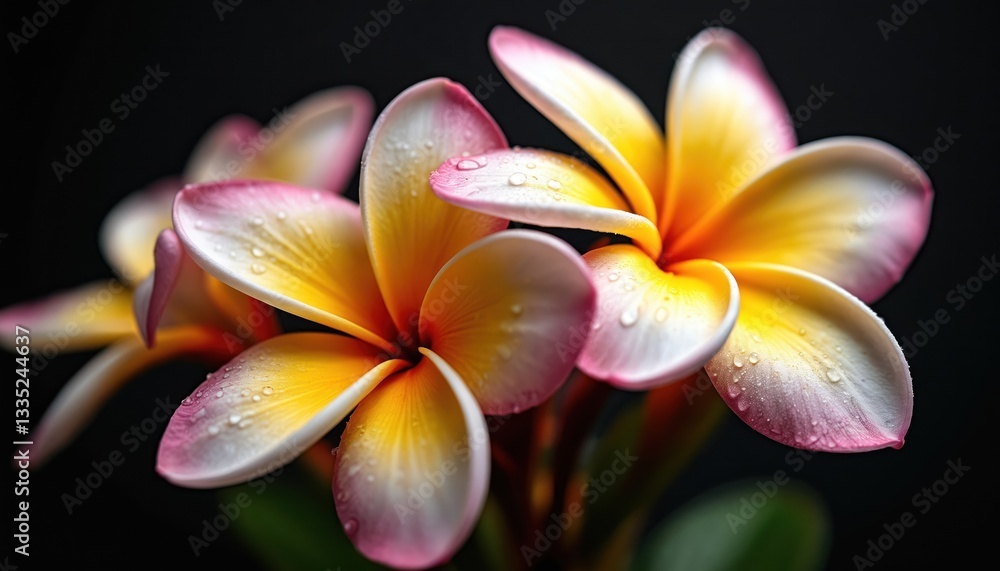 Fototapeta premium Stunning plumeria frangipani flowers with water drops on petals against dark black background. Exotic blossom with yellow, pink, white gradient. Summer floral bloom wallpaper for spa, home decor.