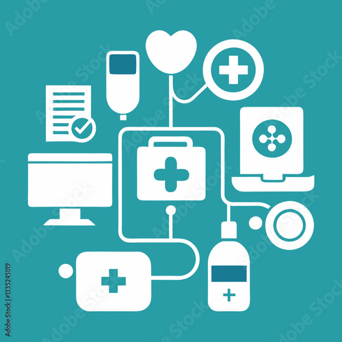 Healthcare Technology Icon Vector – Digital Medical Tools, Online Report, Heart Monitor, First Aid, Medication Bottle, and Health Devices in Flat Connected Design