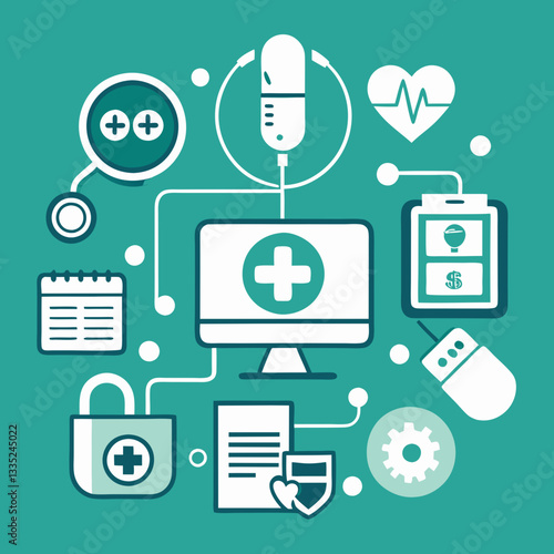Digital Health Technology Icon Vector – Medical App, Online Report, Security, Data Analysis, Telemedicine, E-Healthcare System, and Wellness Monitoring Flat Design