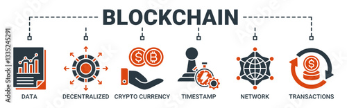 Blockchain banner web icon illustration concept with icon of data, decentralized, crypto currency, timestamp, network and transactions icons. Solid color vector symbol background.