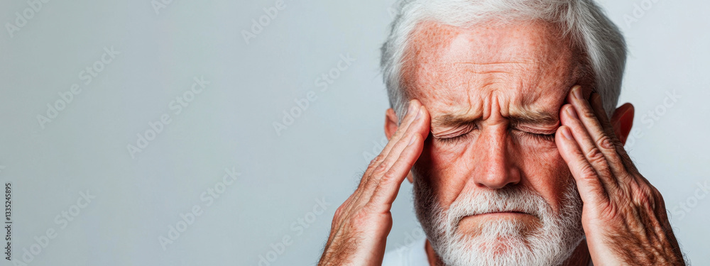 An elderly man suffers from severe headache while holding his head with his hands. The concept of migraine, stress, fatigue and overwork. An elderly man suffers from severe headache while holding his head with his hands. The concept of migraine, stress, fatigue and overwork.