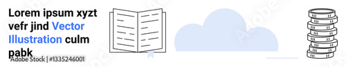 Open book, cloud icon, and stacked data disks suggesting online storage, content distribution, and communication. Ideal for technology, education, digital library, cloud computing data analysis web