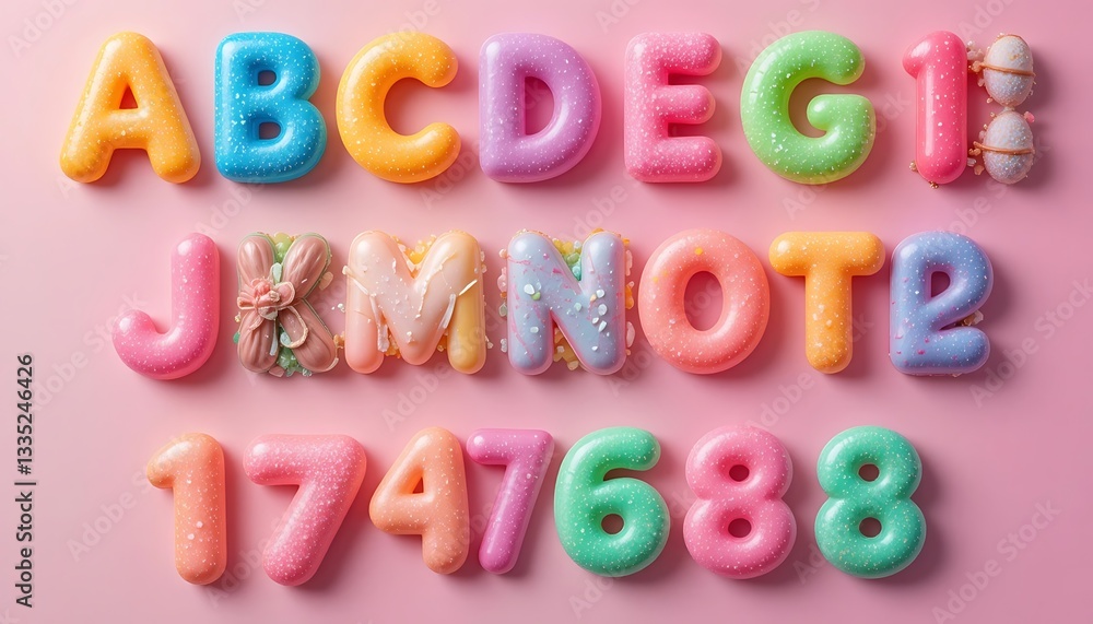 Naklejka premium Pastel-colored alphabet and number donuts arranged on pink background, sweet treats, confectionery, bakery, dessert, sprinkles, letters, numbers, colorful, delicious