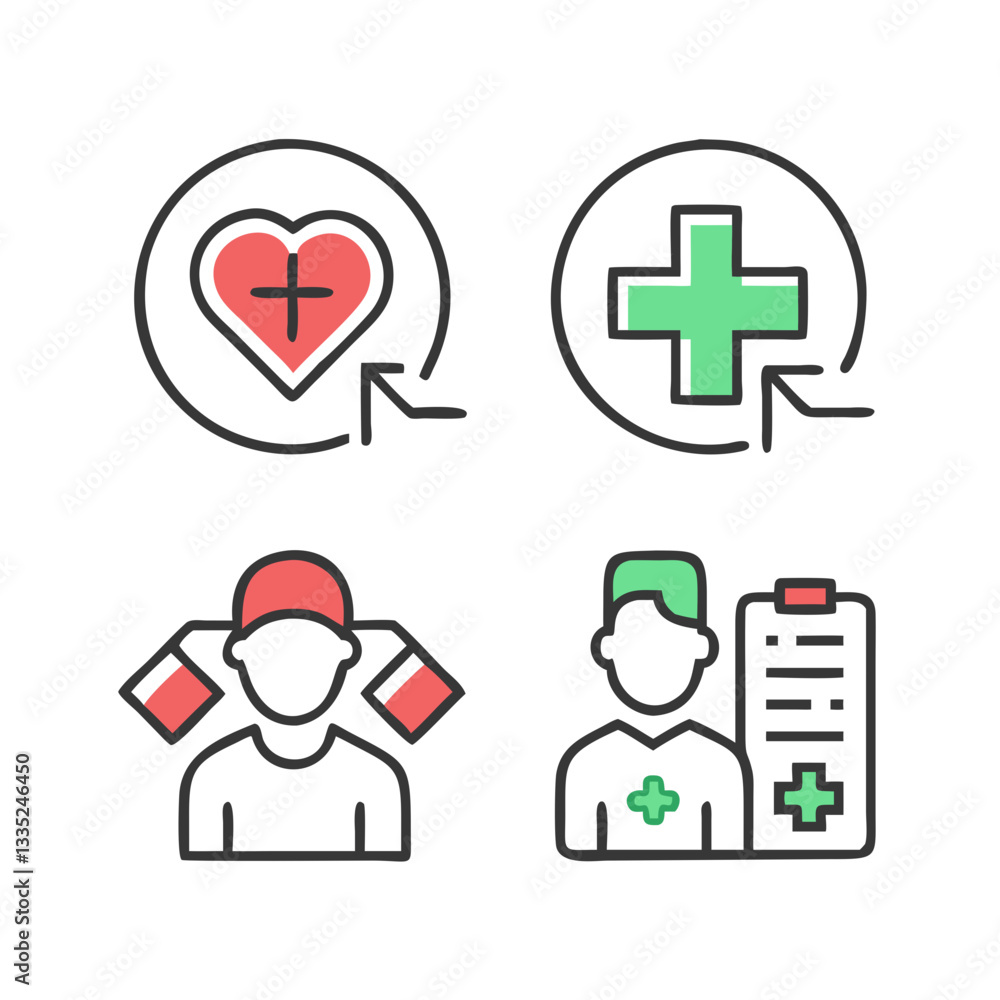 Health and Medical Icons with Doctor and Heart Symbols Health and Medical Icons with Doctor and Heart Symbols