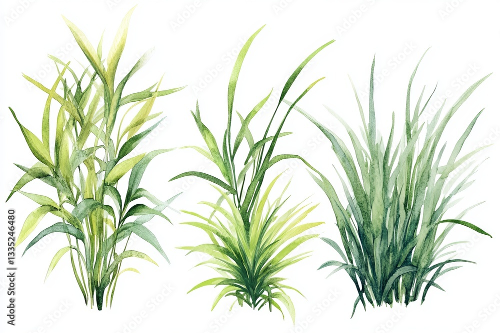 Fototapeta premium Watercolor Green Grass Plants Nature Botanical Illustration Set Design Element Spring Summer Meadow Foliage Greenery Decoration Artwork Background 