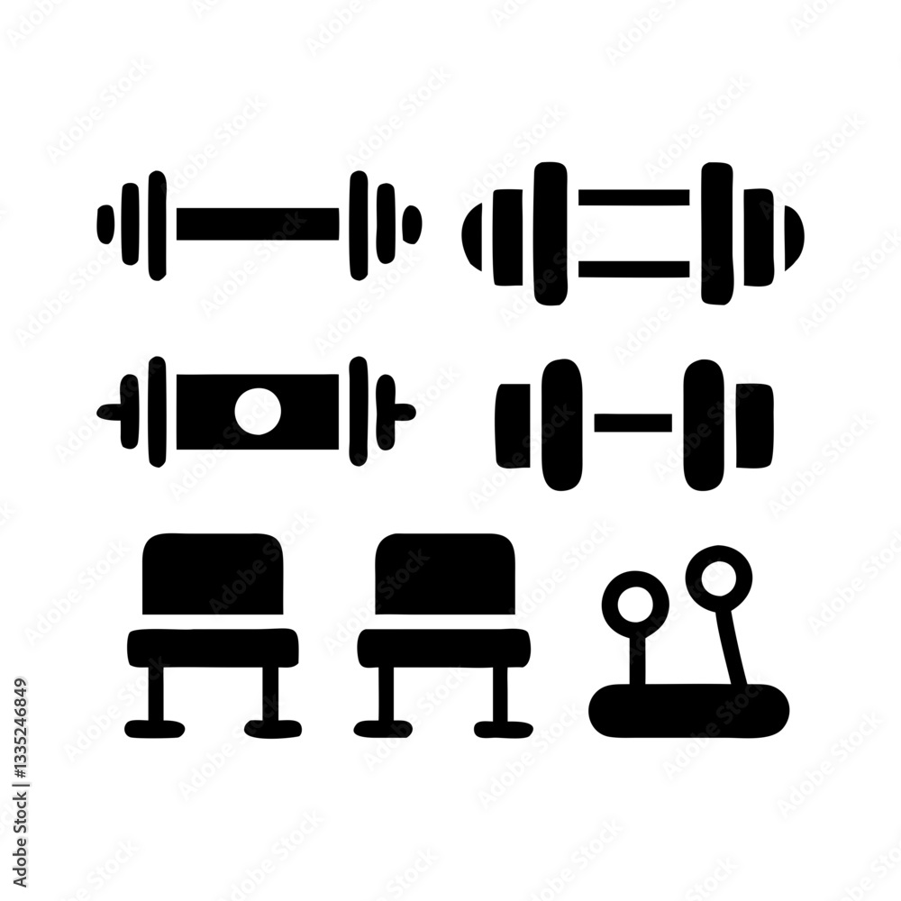 Black Dumbbells and Gym Equipment Icon Set Black Dumbbells and Gym Equipment Icon Set
