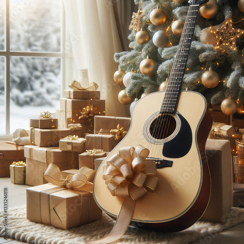Brown beige guitar with big golden bow lying near stack present boxes under Christmas tree, day,  blurred big winter window with garland lights on background 