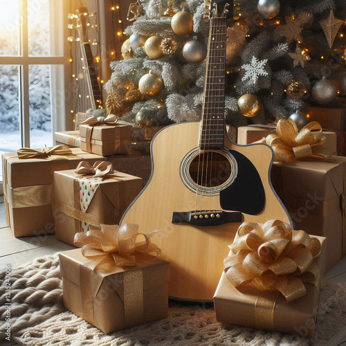 Brown beige guitar with big golden bow lying near stack present boxes under Christmas tree, day,  blurred big winter window with garland lights on background 