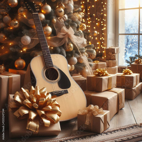 Brown beige guitar with big golden bow lying near stack present boxes under Christmas tree, day,  blurred big winter window with garland lights on background 