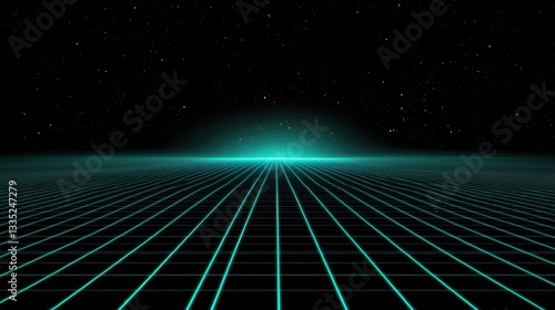 A digital art piece depicting a futuristic landscape with a grid-like surface and a glowing blue light at the horizon.