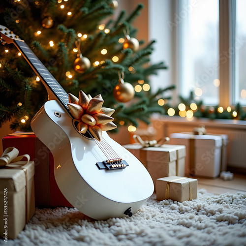 White guitar with big golden bow lying near stack present boxes under Christmas tree, day,  blurred big winter window with garland lights on background 