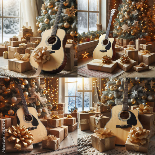 Brown beige guitar with big golden bow lying near stack present boxes under Christmas tree, day,  blurred big winter window with garland lights on background 