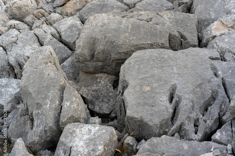 Detailed view of rugged gray rock formations with deep fissures and rough surfaces in mountainous environment. Concept of geology, natural erosion, and wilderness. Detailed view of rugged gray rock formations with deep fissures and rough surfaces in mountainous environment. Concept of geology, natural erosion, and wilderness.